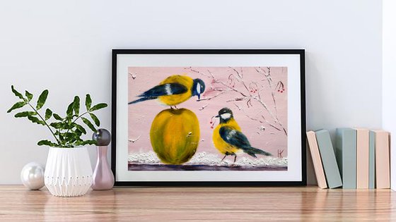 Chickadee Painting Bird Original Art Small Oil Artwork Titmouse Home Wall Art 12 by 8" by Halyna Kirichenko