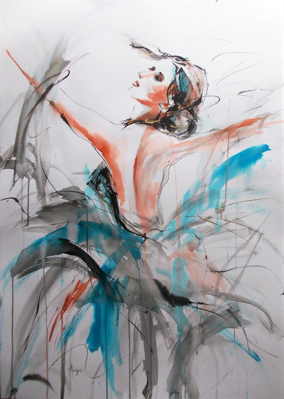 Flying Dream II -Ballerina Drawing on Paper-Large Drawing