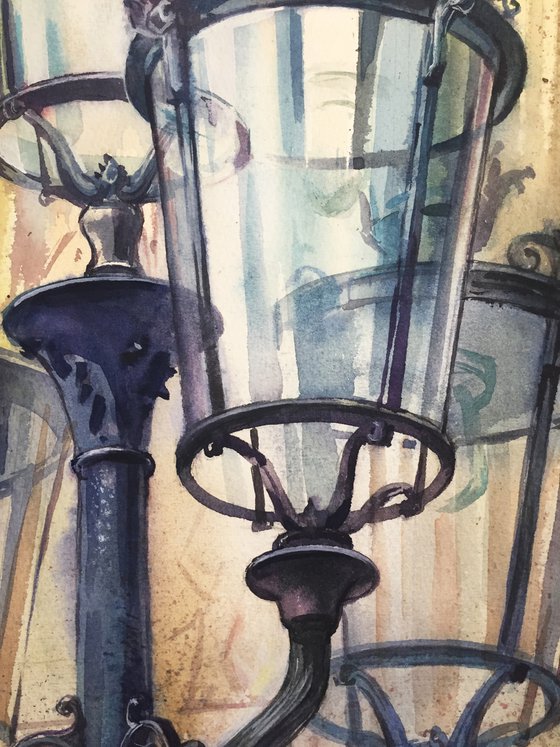 "City lantern". Original watercolor, architectural detail.