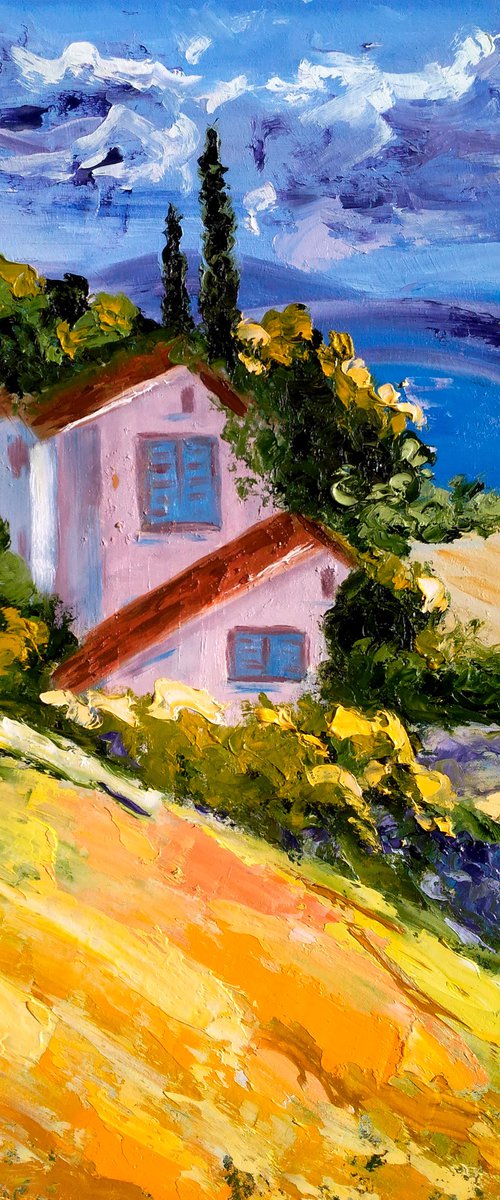 Italy Painting Landscape Original Art Tuscany Oil Impasto Palette Knife Artwork Farm House Home Wall Art 19 by 25" by Halyna Kirichenko by Halyna Kirichenko