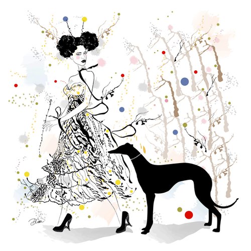 Juliette and her Greyhound - Dog Art - Fashion - Dog Sitter by Artemisia