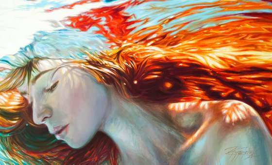 underwater original painting large format redhead girl underwater sun and sea underwater art mermaid underwater life art large wall painting "Fiery mermaid"