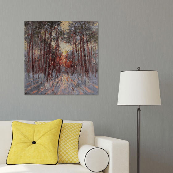 Winter Pine Forest at Sunset
