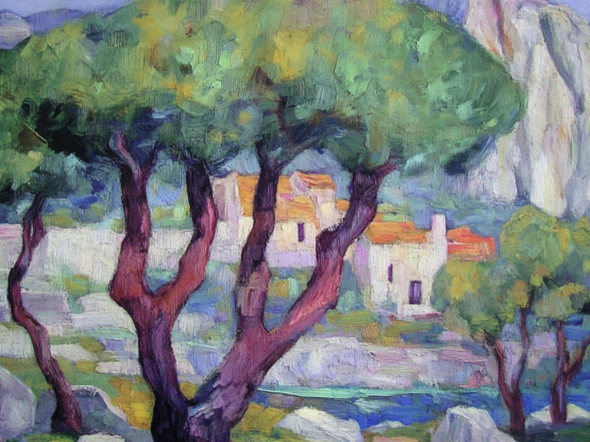 Impressionistic Landscape Print By Elena Avanesova, 31 X 24, Cypress Trees In The Mountains, Original Artwork
