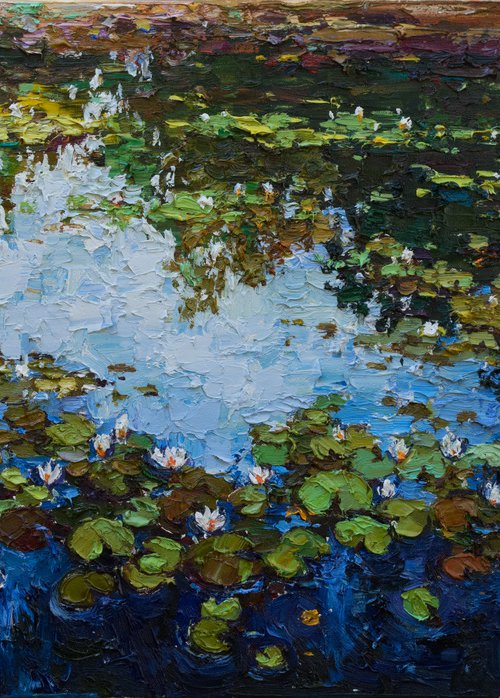White Water Lilies - Impasto Original Oil painting by Anastasiia Valiulina