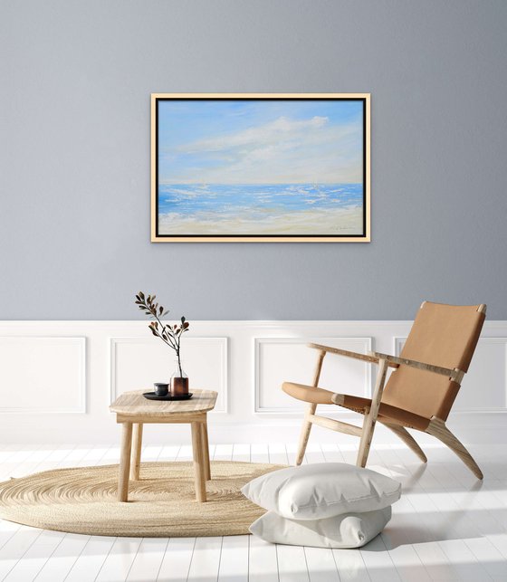 FREEDOM. Abstract Ocean Light Blue Acrylic Painting on Canvas, Contemporary Seascape, Coastal Art