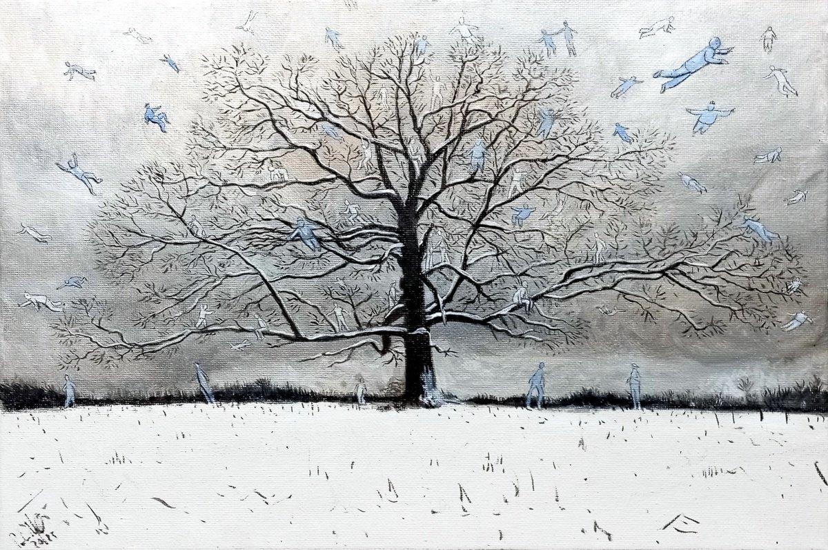 Surrealistic Landscape Oil Painting By Paolo Beneforti, 14 X 10", Tree Home, Original Artwork