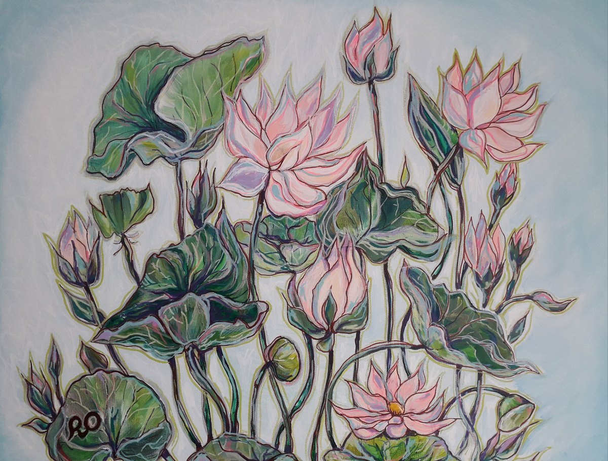  Lotuses On A Blue Background By Olga Rokhmanyuk | Roartus, 28 X 22, Artwork For Sale On Artfinder