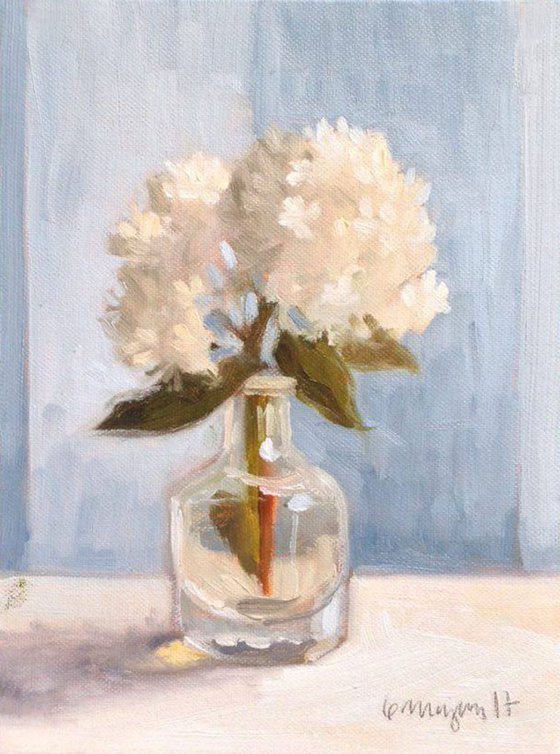 White Flower in Bottle Still Life Oil Painting on Canvas Board