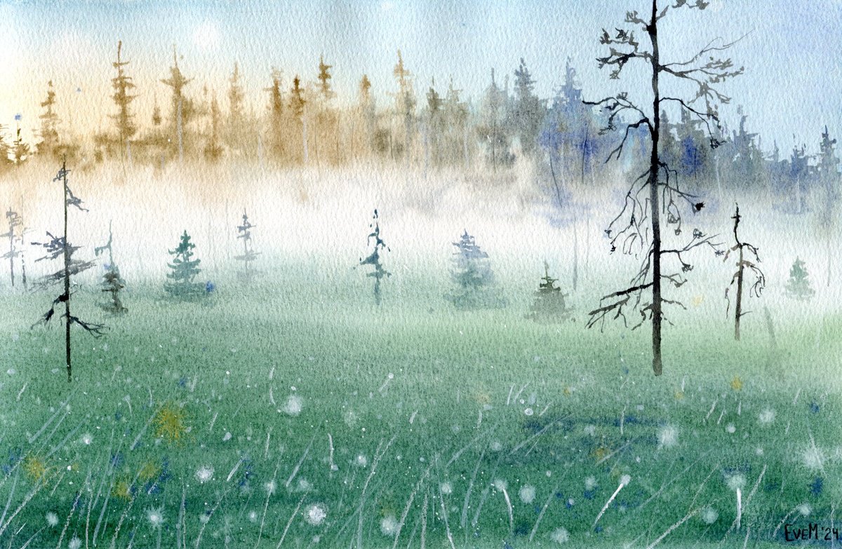 Polar day in Paanajarvi. Original watercolor. by Evgeniya Mokeeva