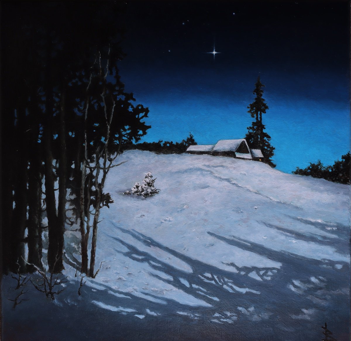 Impressionistic Landscape Oil Painting By Oleg Baulin, 20 X 20", Under The North Star, Original Artwork