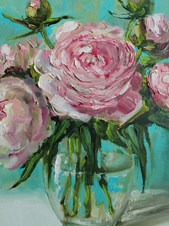 Pink and white peonies bouquet oil painting original still life 12x12"