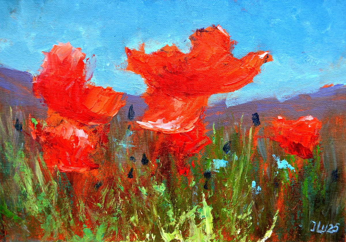 Expressive Botanical Oil Painting By Elena Lukina, 12 X 8, Coral Poppies 21X30, Original Artwork