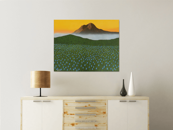 Mystic Morning -  mystic mountain mist and bluebonnet landscape; home, office decor; gift idea