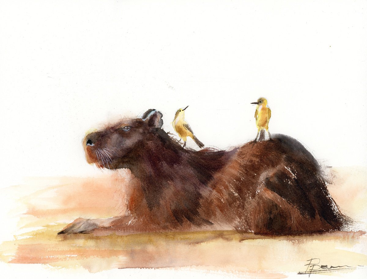 Expressive Animal Watercolour By Olga Tchefranov (Shefranov), 12 X 9", Capybara & Friends, Original Artwork