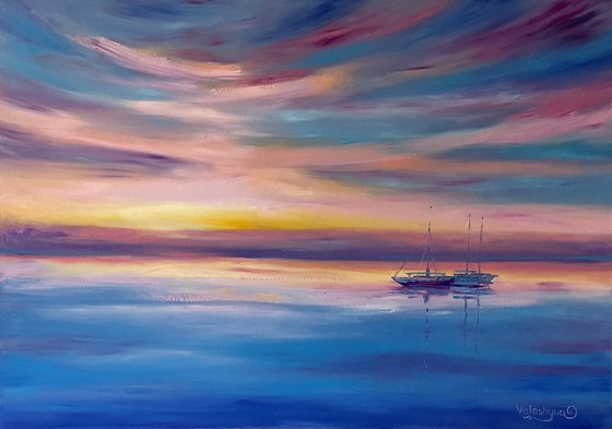 "Calm". 100x70cm. Sea. Ships at sea. Oil painting. Seascape