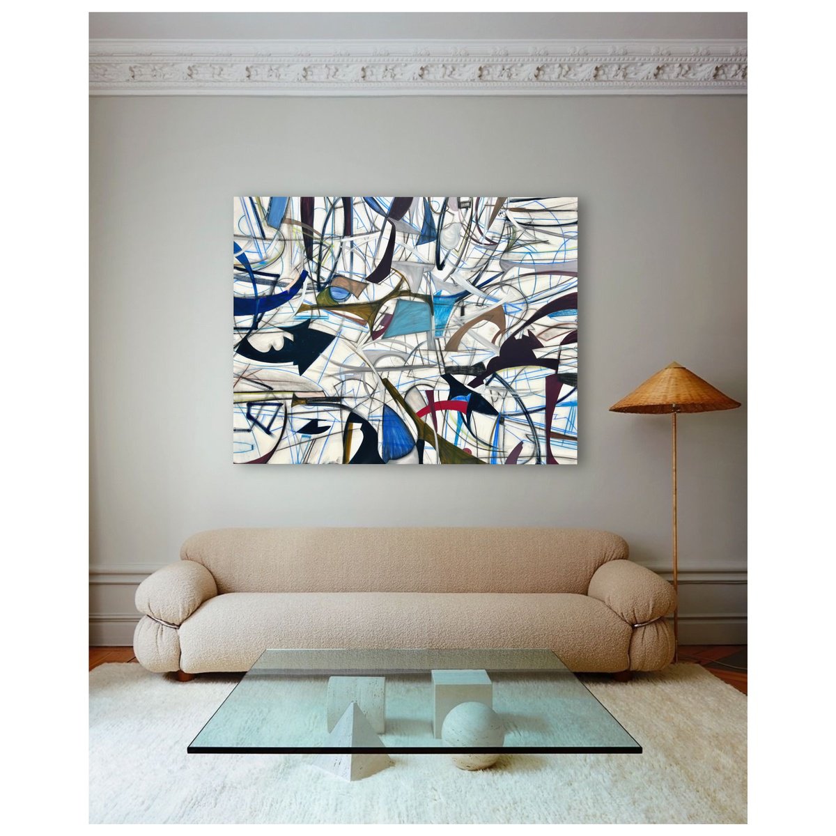Geometric Abstract Oil Painting By Maria Esmar, 71 X 55", Absconding Reality, Original Artwork