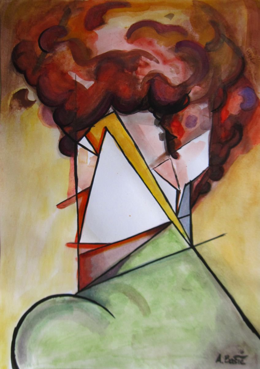 Geometric Portrait Painting By Aleksandar Basic, 12 X 17, Alberto Giacometti, Original Artwork