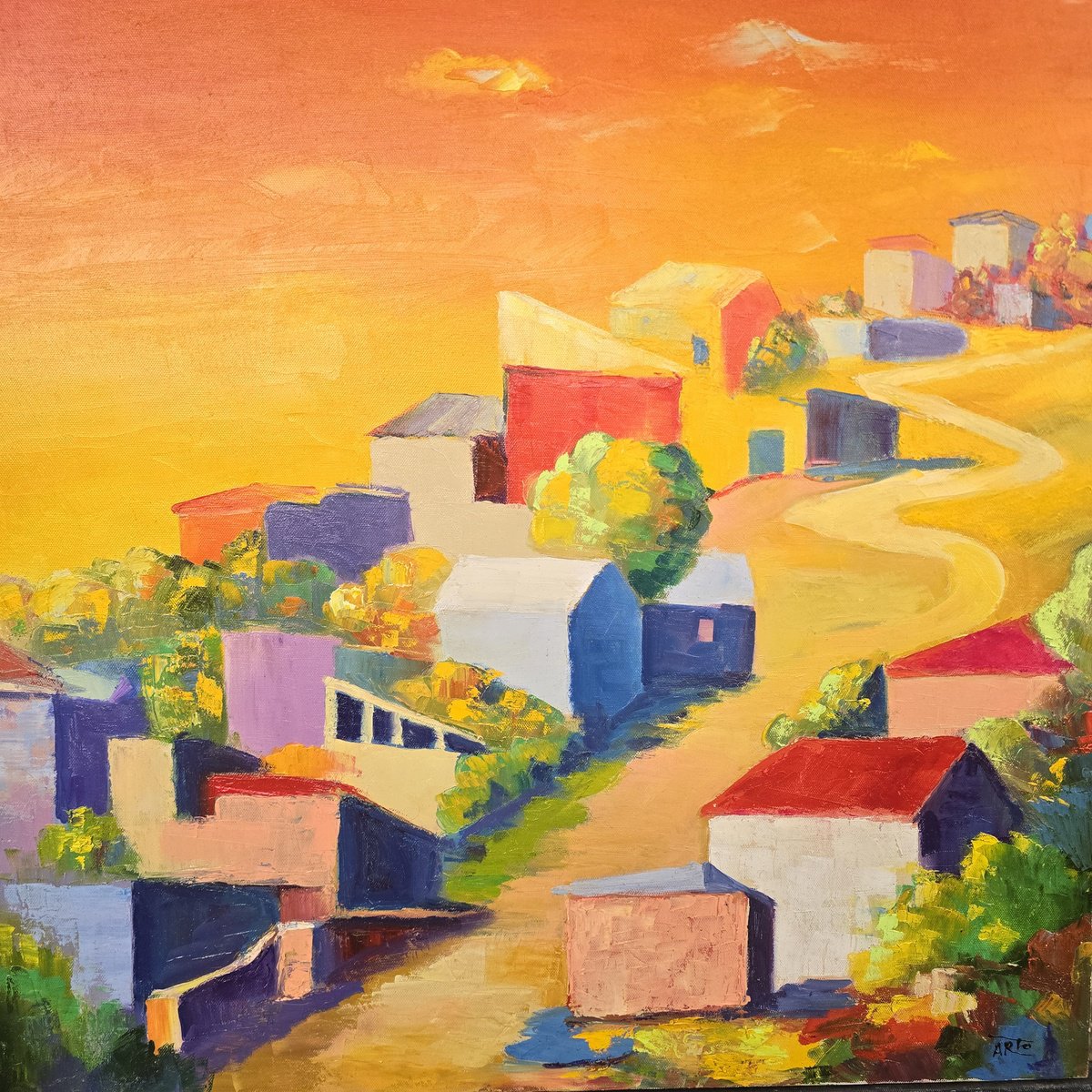 Impressionistic Landscape Oil Painting By Arto Mkrtchyan, 24 X 24, Golden Settlement, Original Artwork