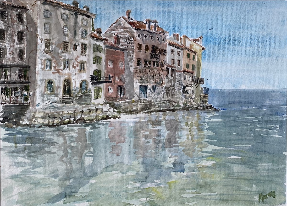 Impressionistic Cityscapes Watercolour By Morag Paul, 28 X 20", Reflections, Rovinj, Original Artwork