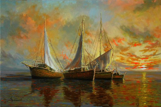 The Fishing Boats, Impressionism,  beautiful oil on canvas, seascape, boats