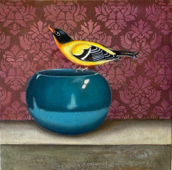 Goldfinch on Blue Bowl