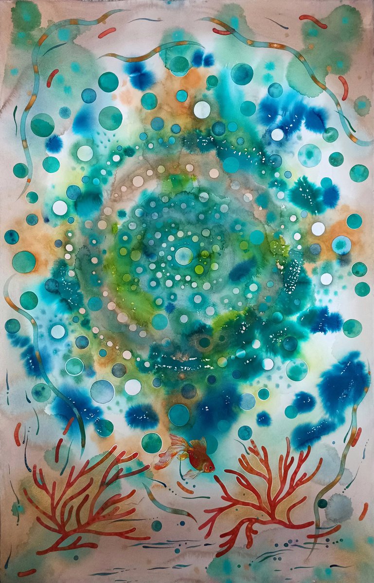 Abstract Watercolour By Ilaria Finetti, 26 X 40, Green Nebula, Original Artwork