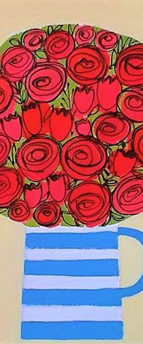 Red Flowers in a Cornishware Jug II by Jan Rippingham