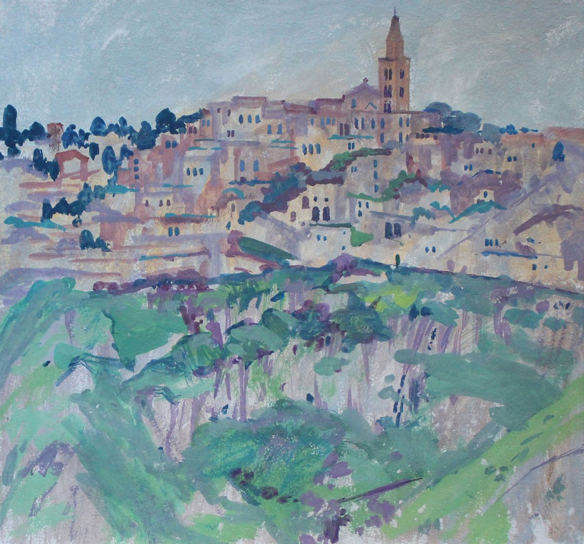 Impressionistic Cityscapes Painting By Olga Kataeva-Rochford, 13 X 12", Sassi Di Matera, Original Artwork