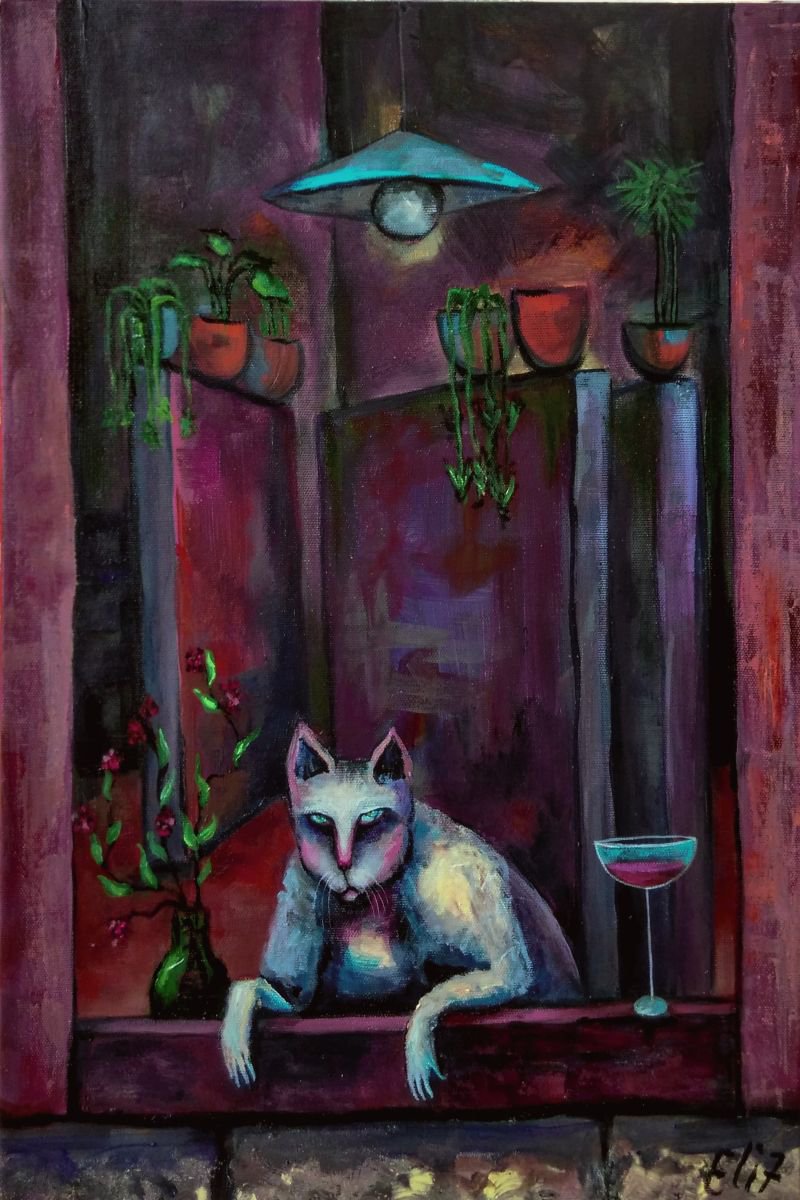 Expressive Animal Acrylic Painting By Elisheva Nesis, 16 X 24, Waiting For A Serenade, Original Artwork