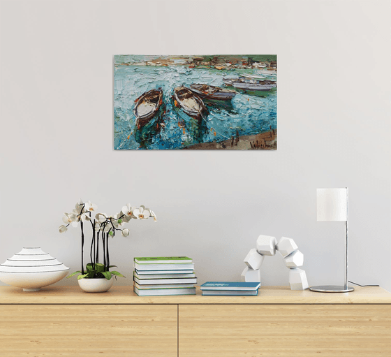Boats  - Original  impasto oil painting