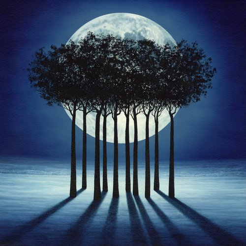 Ethereal Embrace, surreal landscape trees full moon peaceful by Marlene Llanes
