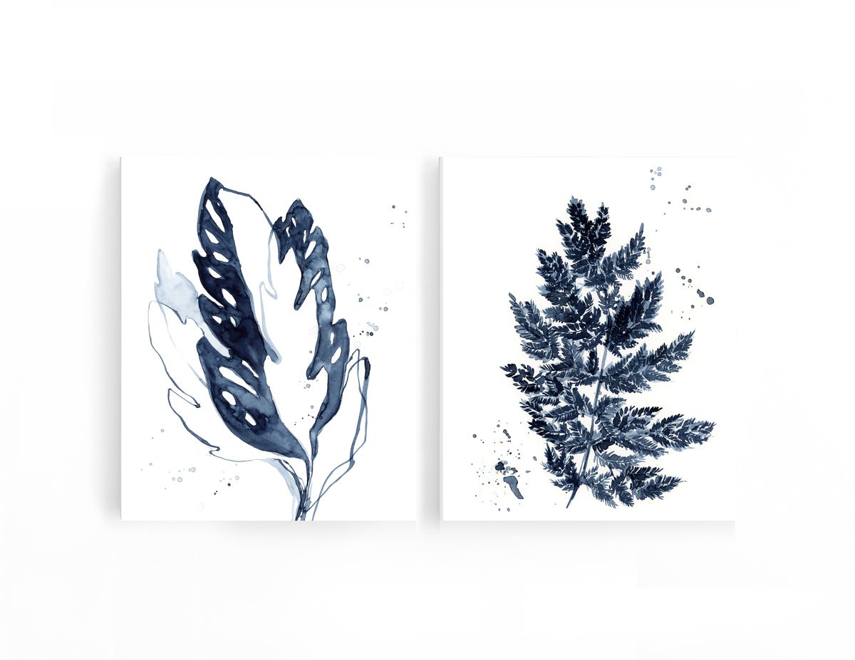 Leaf Minimalist Watercolor Painting Inky Blue Diptych by Sophie Rodionov