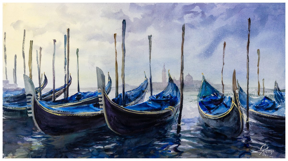 Landscape Watercolour By Andrzej Rabiega, 27 X 15, Venetian Gondolas 1, Original Artwork