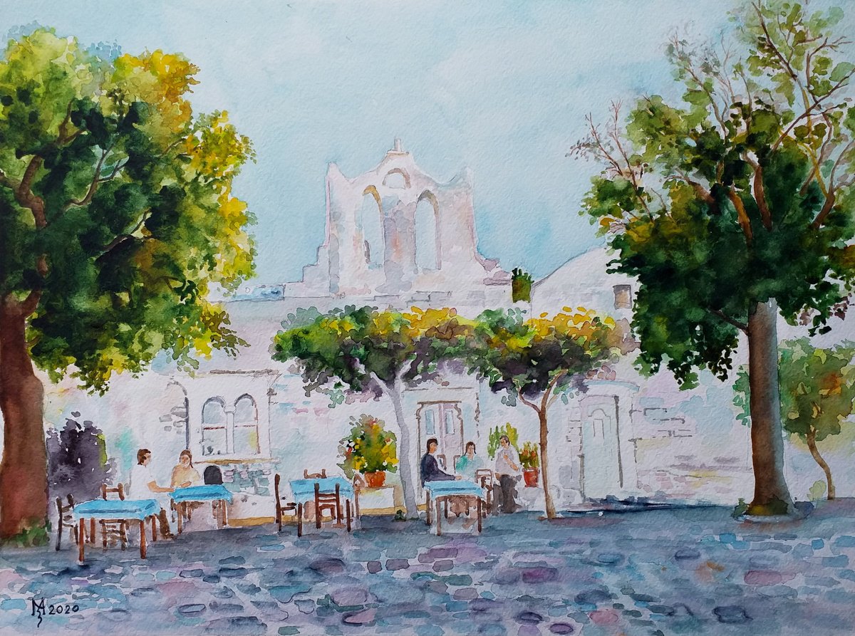 Impressionistic Cityscapes Watercolour By Zoran Mihajlovic Muza, 15 X 11", Greek Tavern, Original Artwork