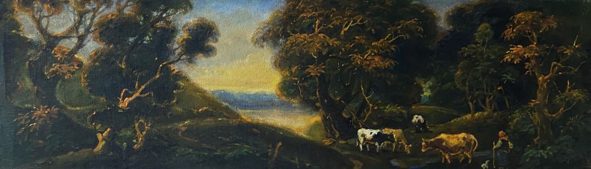 Impressionistic Landscape Oil Painting By Oleg And Alexander Litvinov, 25 X 8", Evening, Herd, Original Artwork