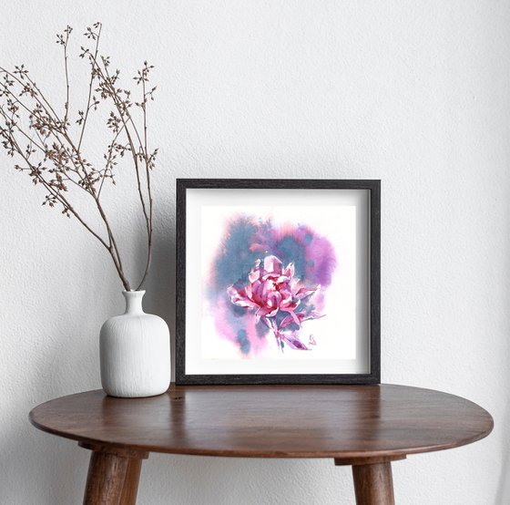 "Scent of a peony flower on a summer evening" original botanical watercolor square format