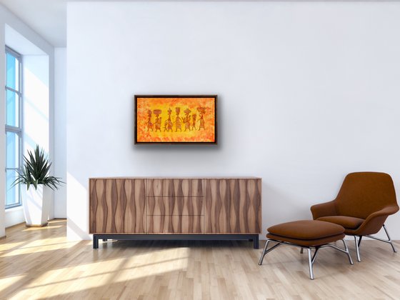 People oil painting - African women with children -  Long artwork in frame for living room (2020)