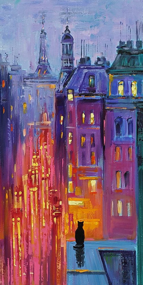 City Cat and Night Lights by Trayko Popov