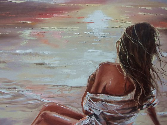 " BEACH WITH SUNSET GIRL SITTING "