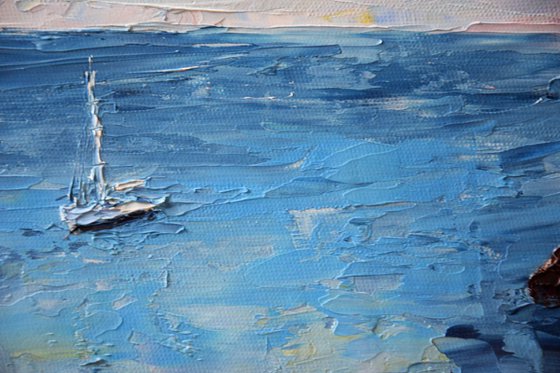 Round oil painting with palette knife Mediterranean Sea