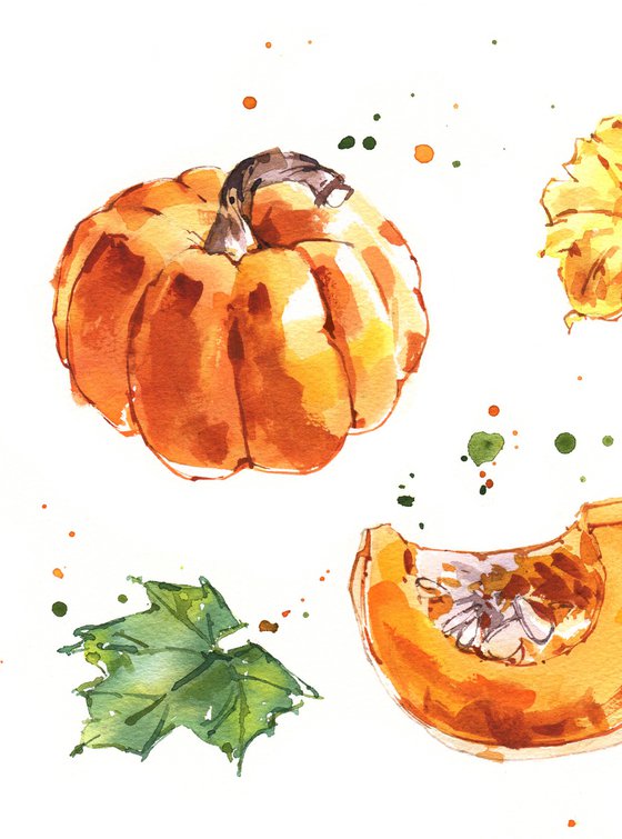 "Pumpkin in dotted drops. Expressive sketch" original watercolor illustration