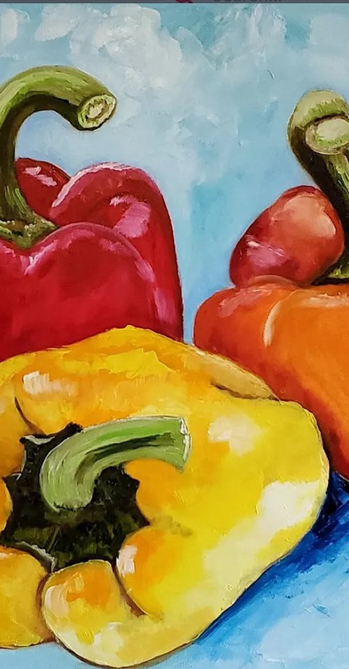 Peppers on turquoise by Olga Koval