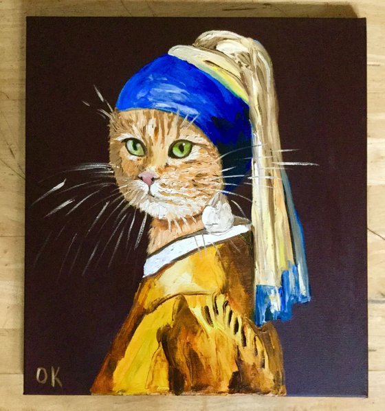 Cat with the pearl earring inspired by Vermeer painting modern home wall decor palette knife urban art feline art for cat lovers gift idea