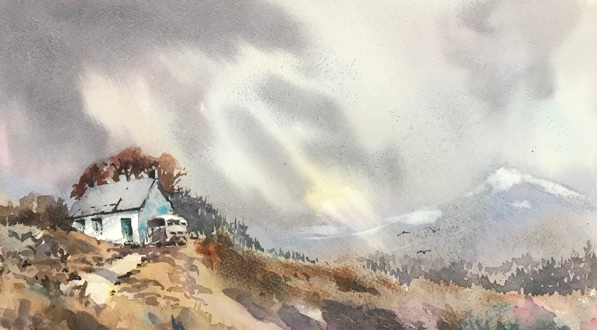 Impressionistic Landscape Watercolour By Vicki Washbourne, 15 X 8", Highlands Croft, Original Artwork
