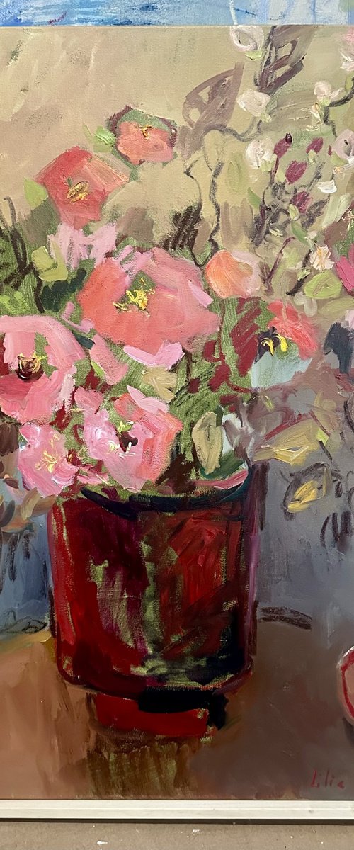 Flowers in a red vase by Lilia Orlova-Holmes