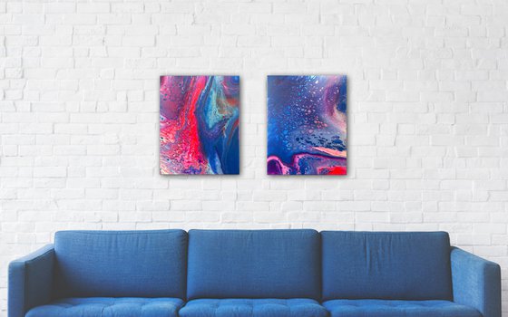 "Sharing A Dream" - FREE USA SHIPPING - Original PMS Abstract Diptych Fluid Acrylic Paintings On Canvas - 32" x 20"