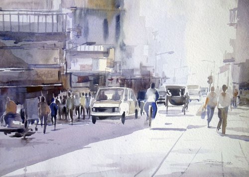 City Light-Watercolor on Paper by Samiran Sarkar