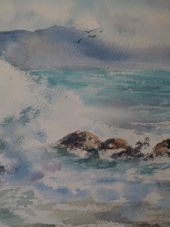 Surf wave in Cadaques, Spain - original watercolor