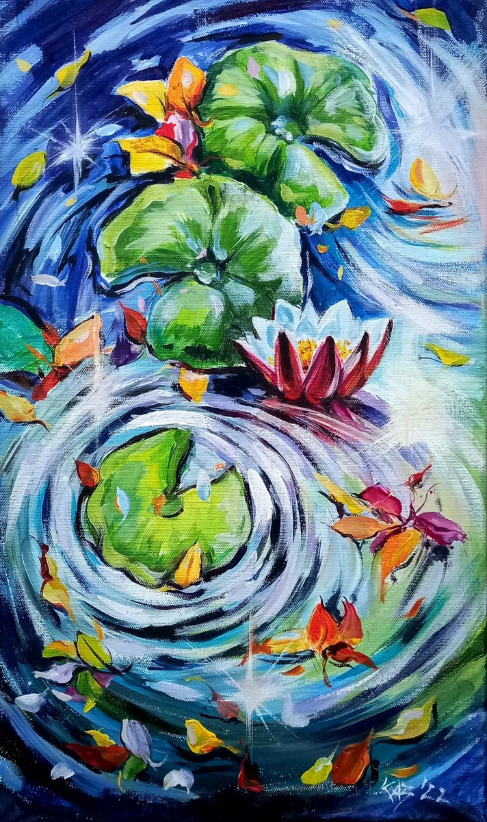 Water Lilies With Leaves By Kovacs Anna Brigitta, 12 X 20, Artwork For Sale On Artfinder